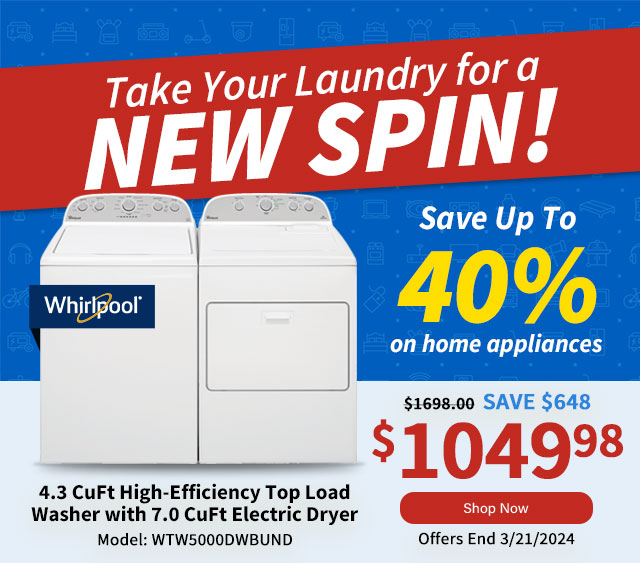 Take Your Laundry for a New Spin. Save up to 40% on Home Appliances. Whirlpool 4.3 Cu. Ft 27" High-Efficiency Top Load Washer with 7.0 Cu. Ft 29" Electric Dryer - White. Shop Now.