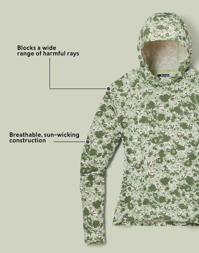 Close-up of a Summit Valley hoodie. Blocks a wide range of harmful rays. Breathable, sun-wicking construction. 