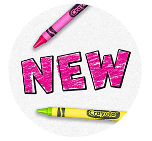 Colored-in drawing of the text "new," with magenta and lime green crayons