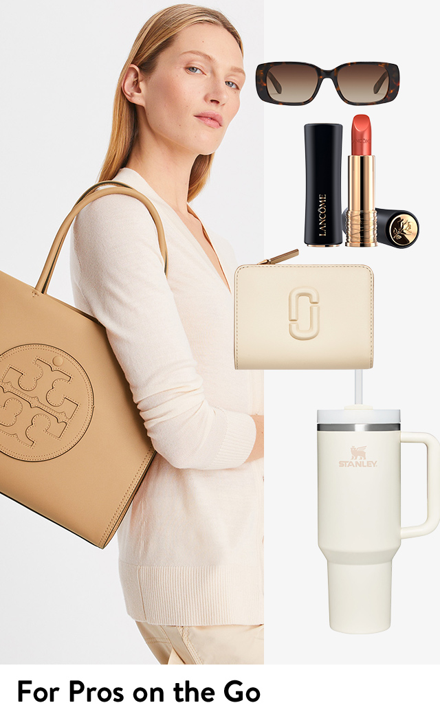 A woman wearing a tan tote bag alongside product shots of sunglasses, a water bottle, beige wallet and lipstick.