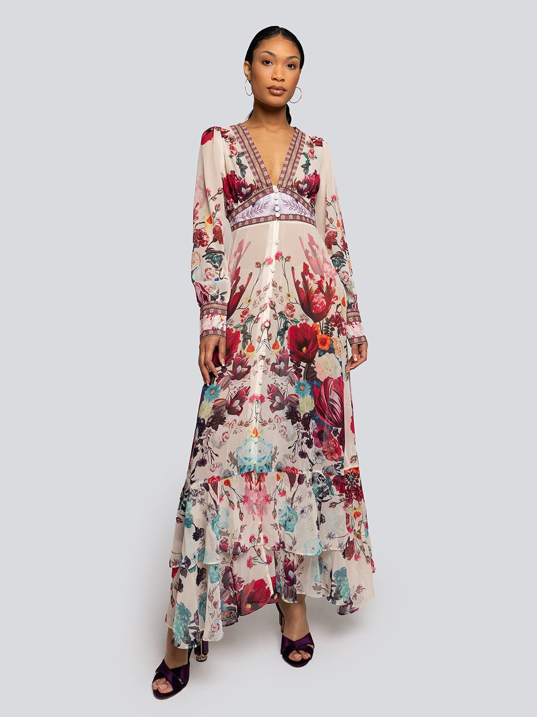 Hazel Floral Deep V Long Sleeve Tiered Maxi Dress