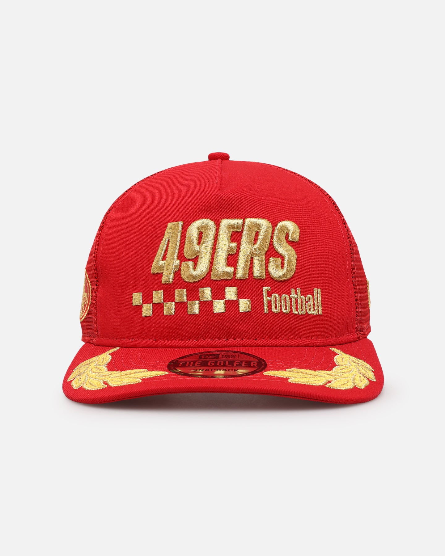 Image of New Era San Francisco 49ers 'Podium Pack' Pre-Curved Golfer Trucker Snapback Scarlet/Metallic Gold