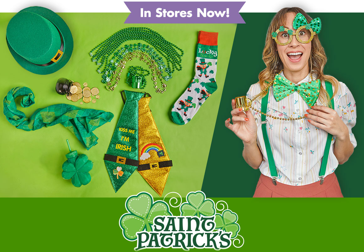 St. Patrick's Day accessories and a girl wearing St. Patrick's Day glasses, bow tie, necklace, and more