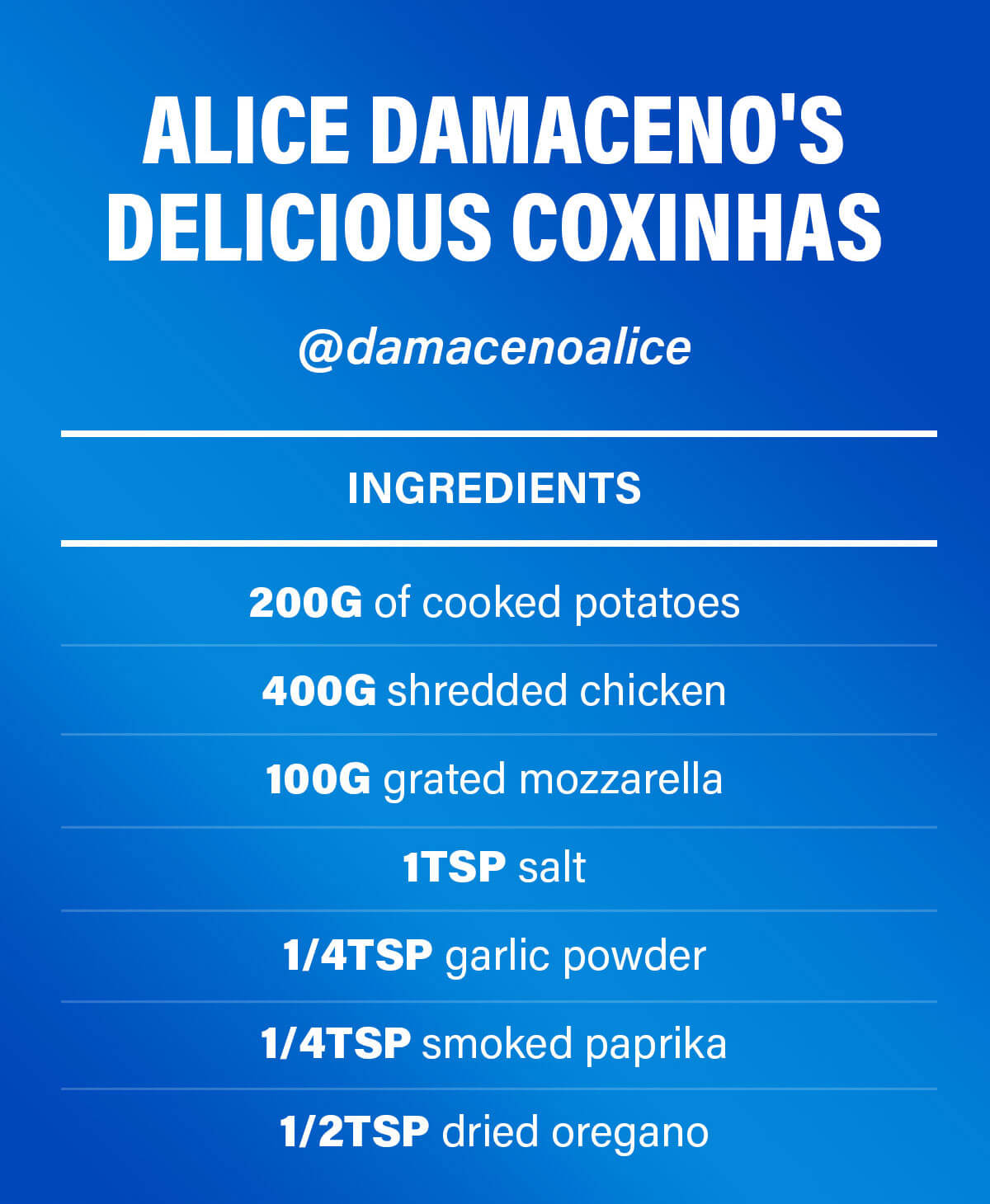 Alice Damaceno's Delicious Coxinhas @damacenoalice  INGREDIENTS 200G of cooked potatoes 400G shredded chicken 100G grated mozzarella 1TSP salt 1/4TSP garlic powder 1/4TSP smoked paprika 1/2TSP dried oregano