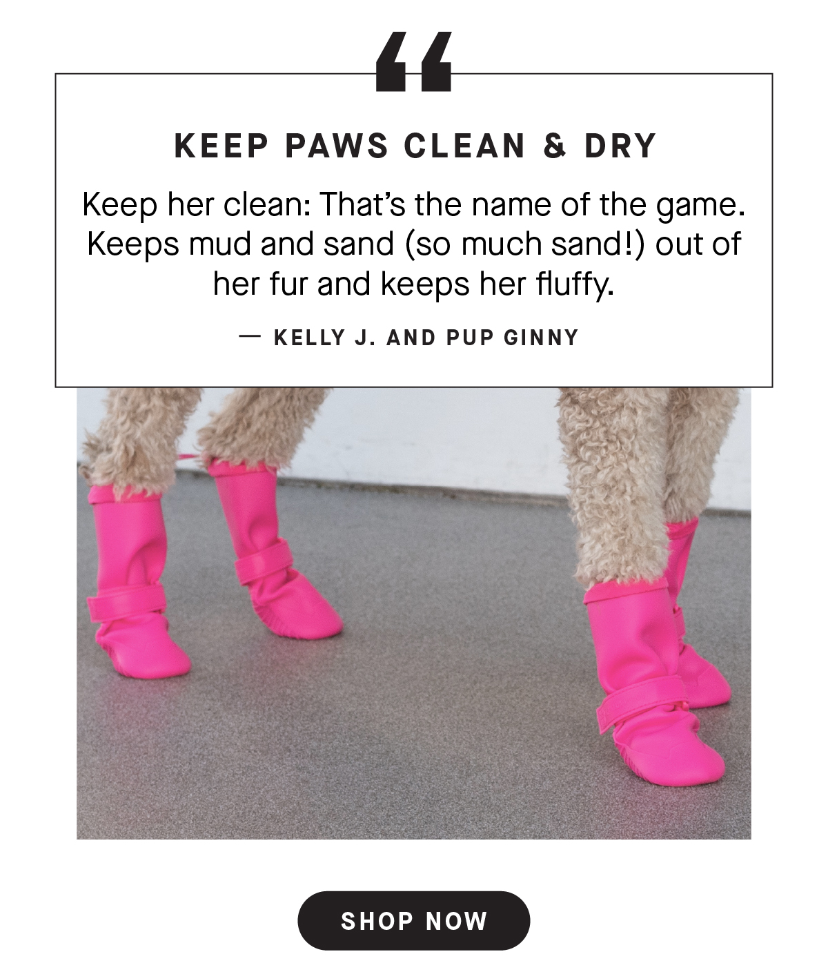 Dog wearing pink Waterproof Boots - Keep Paws Clean & Dry, "Keep her clean: That's the name of the game. Keeps mud and sand (so much sand!) out of her fur and keeps her fluffy." Kelly J. and Pup Ginny