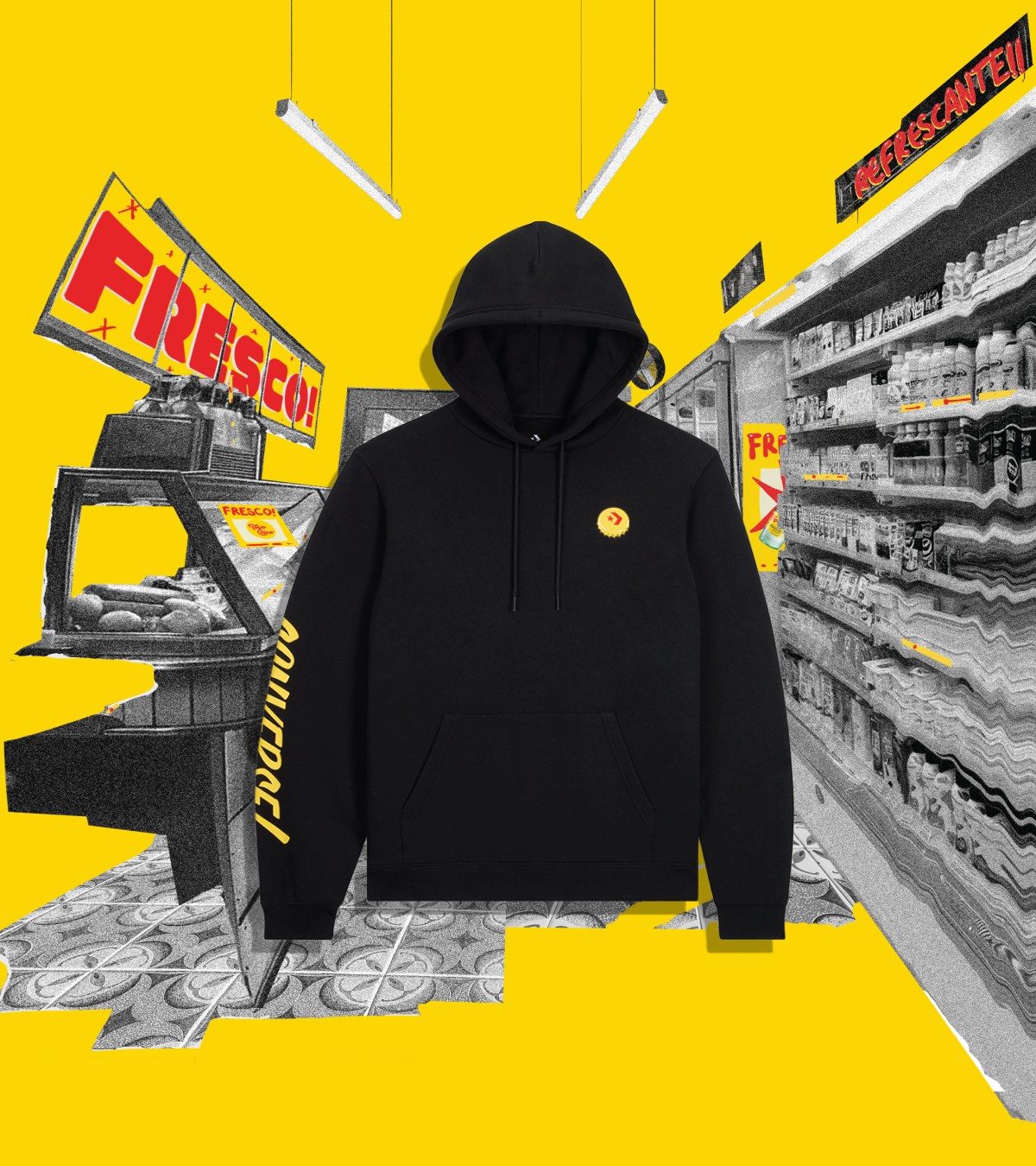 Shop this black and yellow hoodie, featuring the Topo Chico logo on the back and Converse on the sleeve.