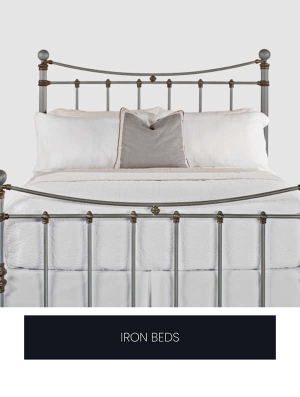 Iron Beds category featuring the Quati queen complete bed with metal profile. Shown in Aged Nickel finish.