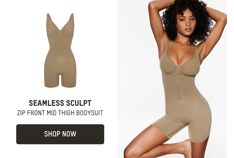 SEAMLESS SCULPT ZIP FRONT MID THIGH BODYSUIT