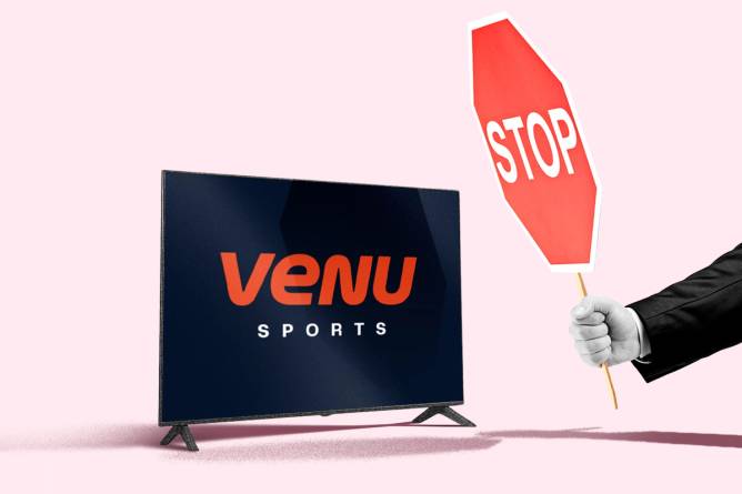 A stop sign being held up to a TV with a Venu Sports logo