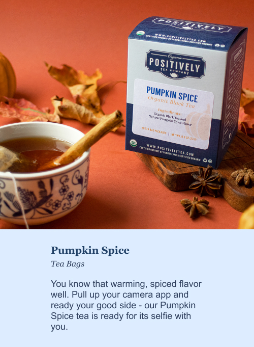 Pumpkin Spice Tea Bags. You know that warming, spiced flavor well. Pull up your camera app and ready your good side - our Pumpkin Spice tea is ready for its selfie with you. 