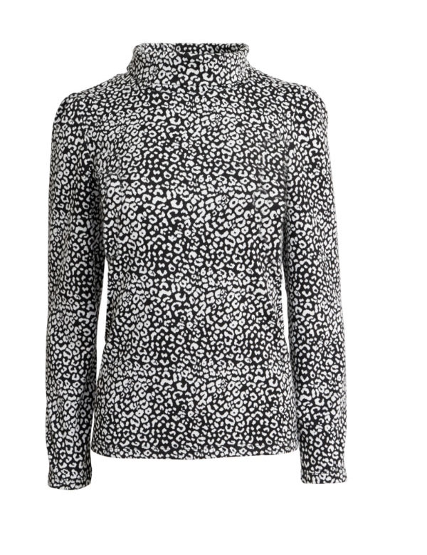 Leopard Print Puff-Sleeve Turtleneck Top