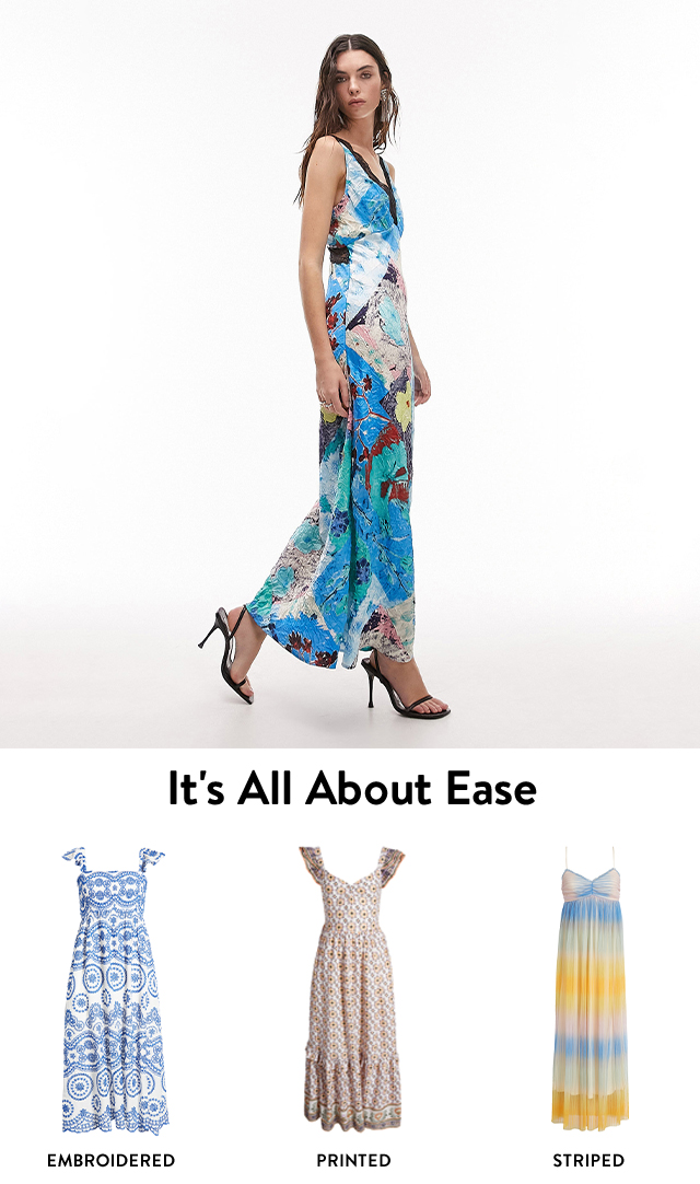 An embroidered maxi dress. A printed maxi dress. A striped maxi dress. A woman wearing a floral maxi dress.