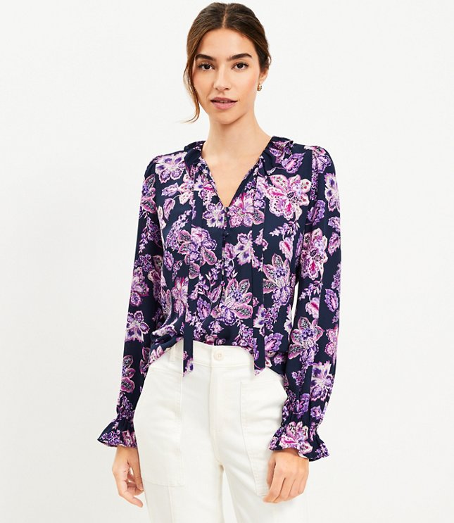 Floral Ruffle Tie Neck Blouse