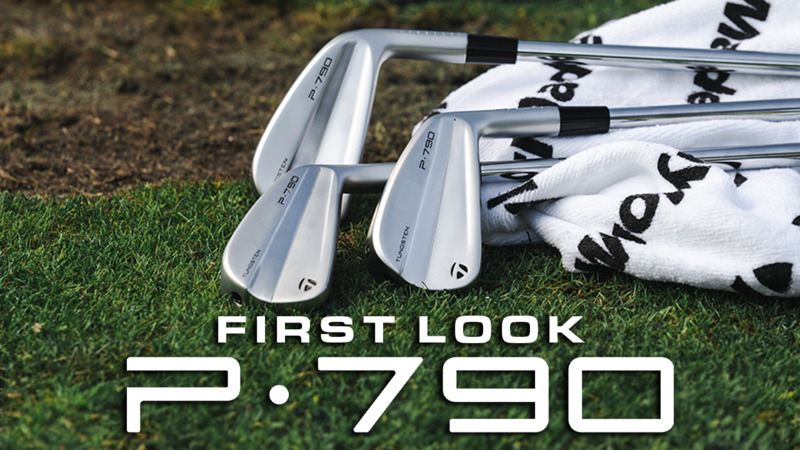 3 P790 irons on grass, laid over a TaylorMade towel with "First Look P790" text overlay