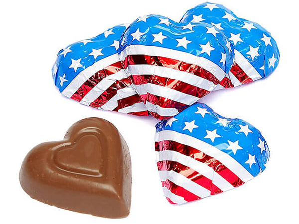 128444 - Madelaine USA Flag Foiled Milk Chocolate Hearts: 5LB Box