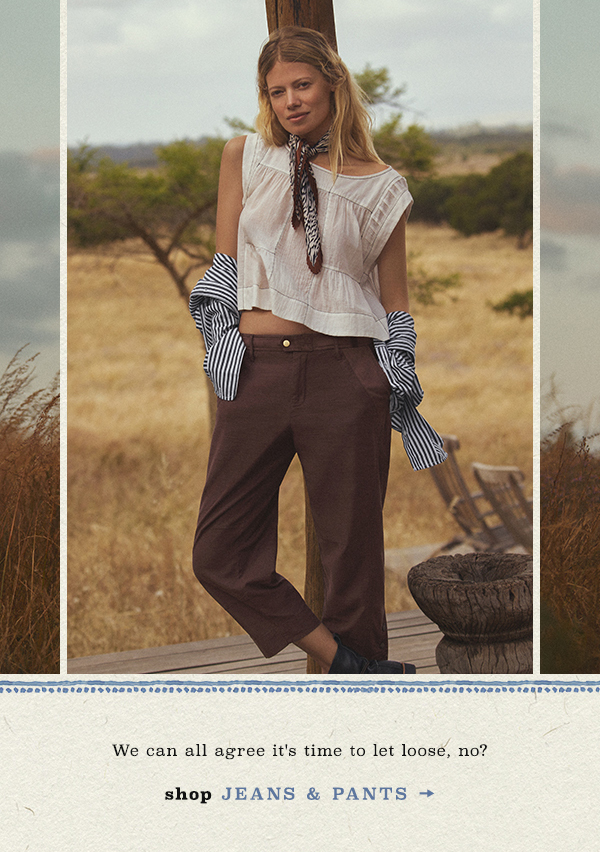 Woman wearing brown cropped pants. Shop jeans and pants.