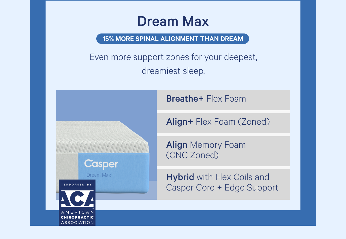 Dream Max >> Even more support zones for your deepest, dreamiest sleep. >> 