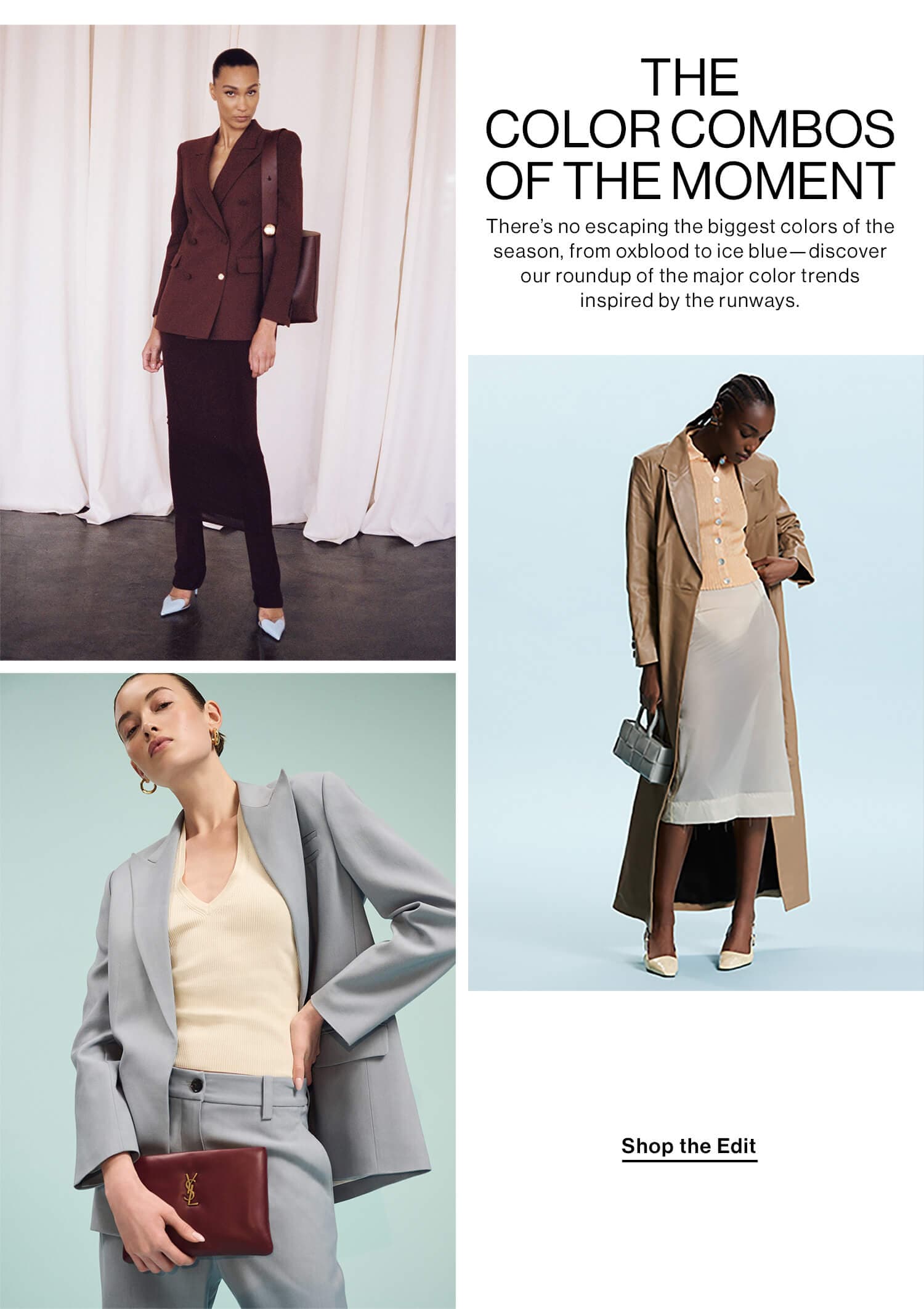 THE COLOR COMBOS OF THE MOMENT DEK: There’s no escaping the biggest colors of the season, from oxblood to ice blue—discover our roundup of the major color trends inspired by the runways. CTA: Shop the Edit