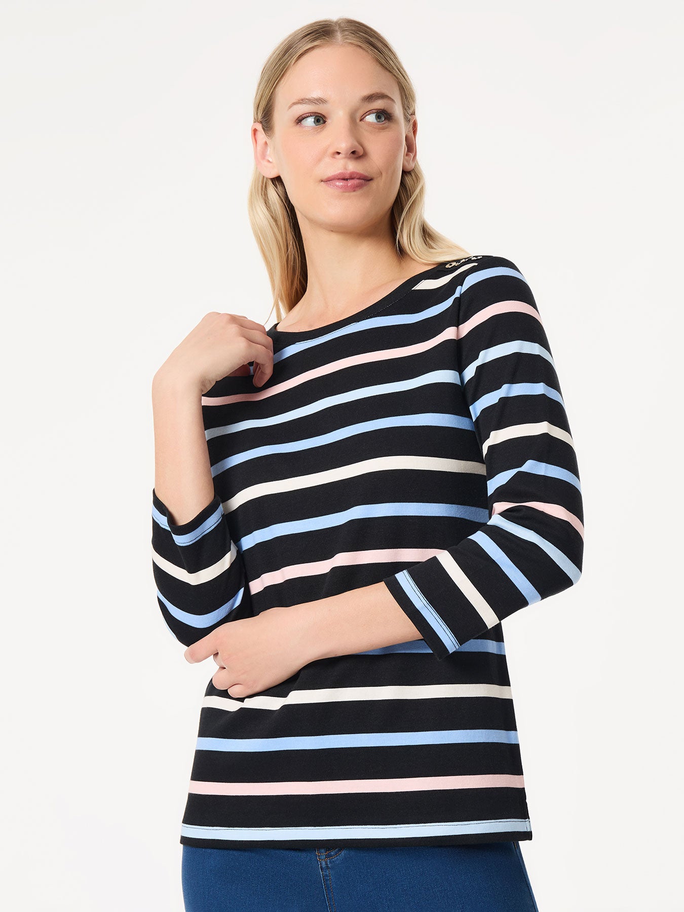 Image of Striped 3/4 Sleeve Button Shoulder Tee