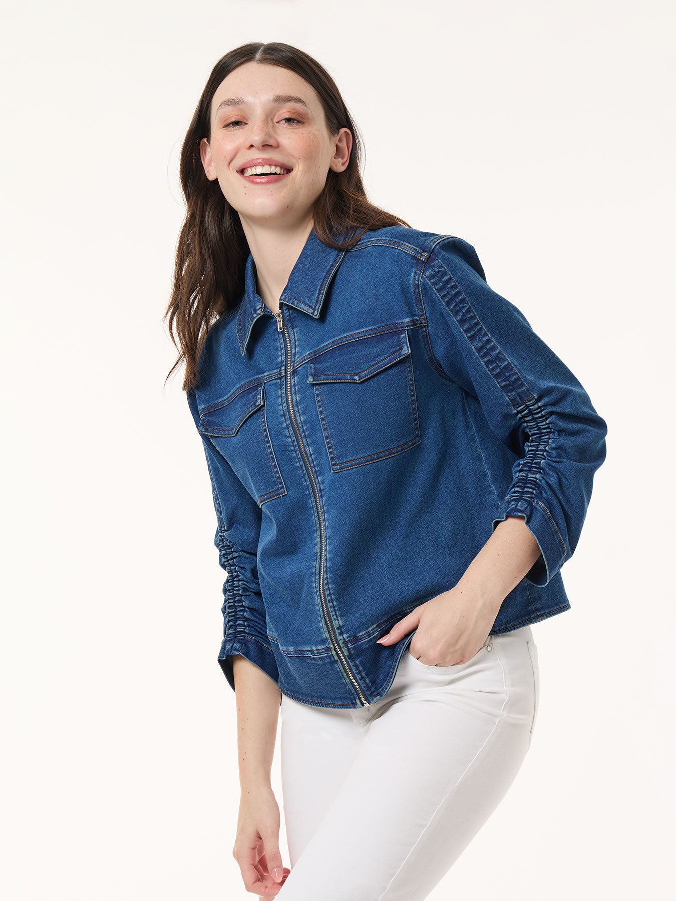 Shirred Sleeve City Denim Jacket, Shore Wash