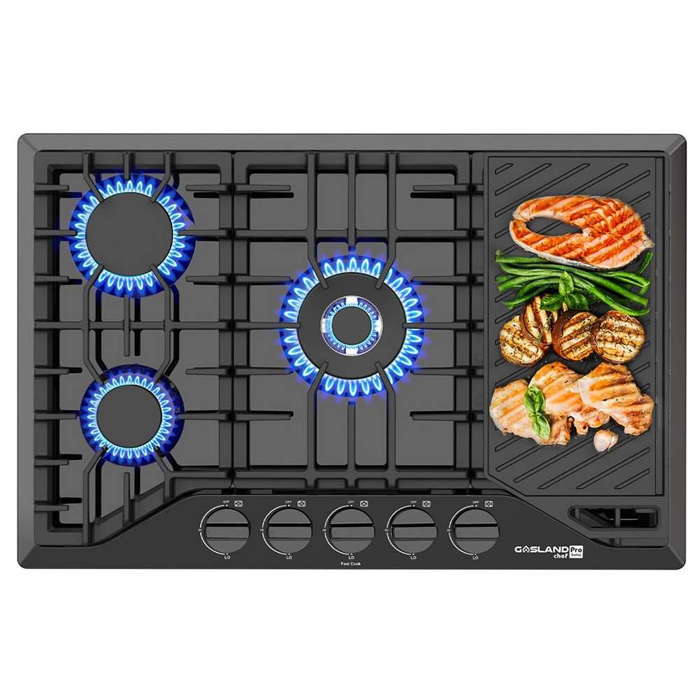 GASLAND 30 Inch 5 Burner Black Enamel Wok Burner Gas Cooktop with Reversible Grill/Griddle