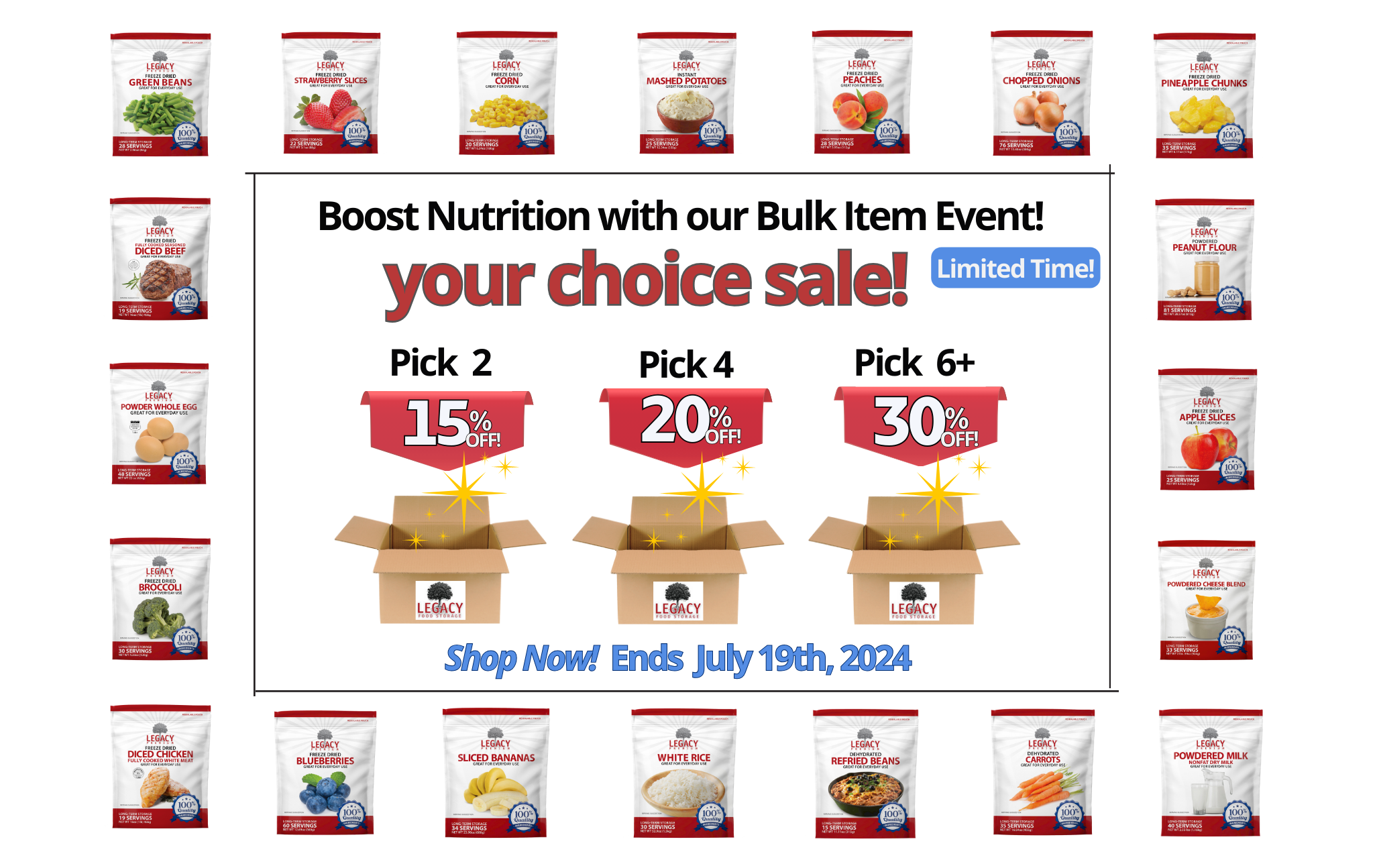 Save 15, 20, or 30% when you by 2, 4 or 6 or more single bulk ingredient pouches from Legacy Premium Food Storage!