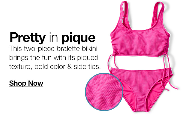 Pretty in pique. This two-piece bralette bikini brings the fun with its piqued texture, bold colors & side ties. Shop Now