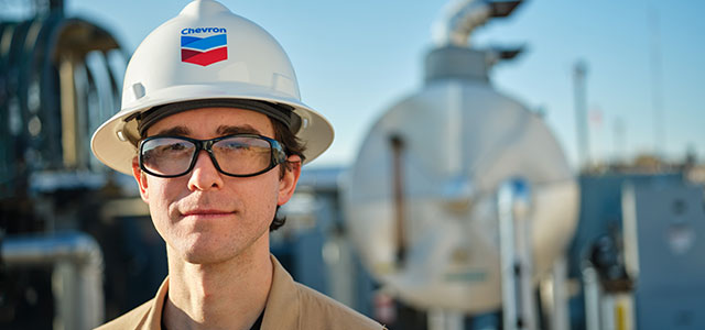 chevron employee in a hard hat and goggles