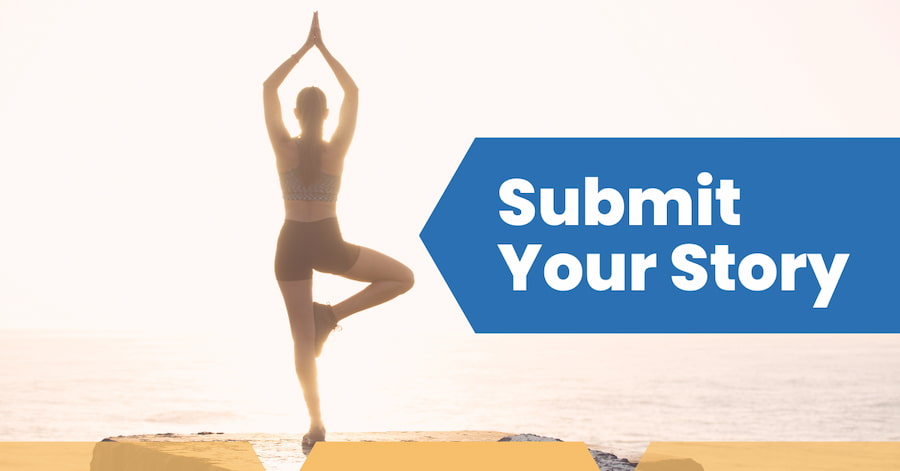 woman outdoors holding yoga pose of standing on one leg and reach up with both arms; Submit Your Story