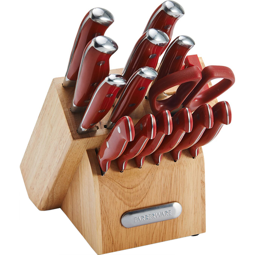 Farberware EdgeKeeper Red Handled 15-Piece Cutlery Set with Natural Block