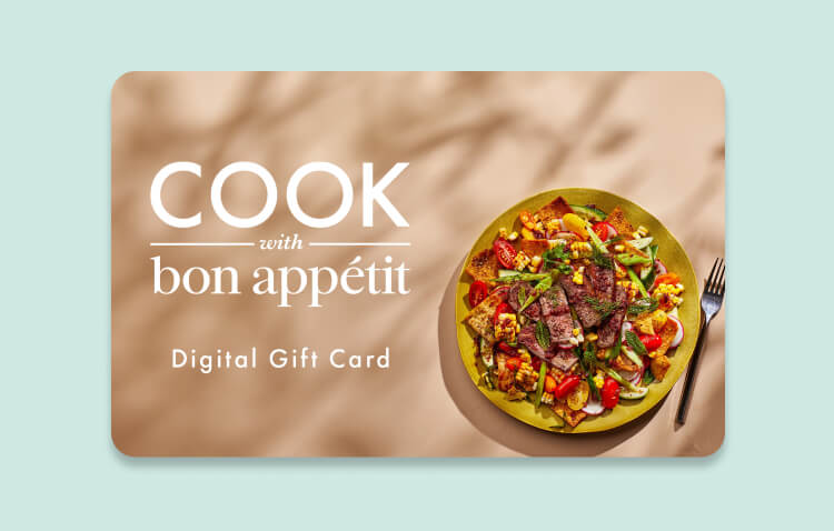 Gift card with the Cook with Bon Appétit logo and a delicious plate of food.