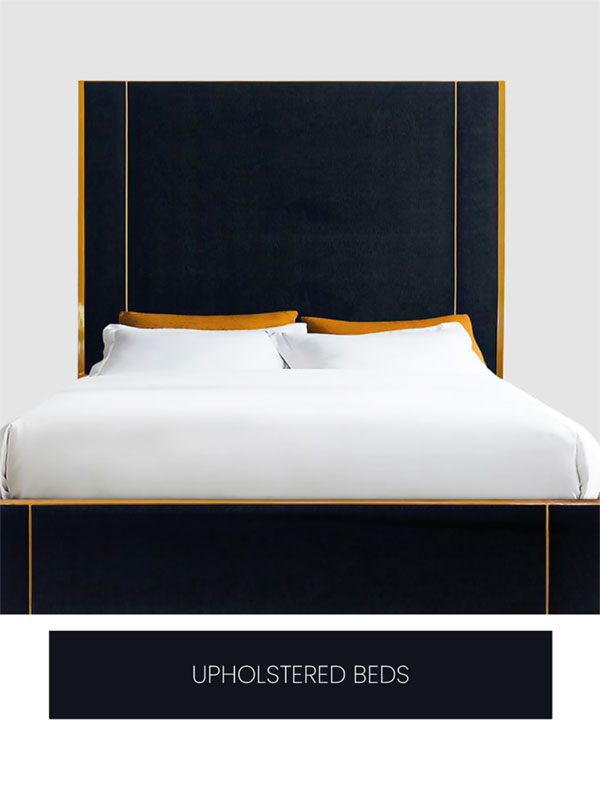 The Upholstered beds category featuring the Morgan queen bed in Opaque Gold finish with Black Velvet Performance fabric.