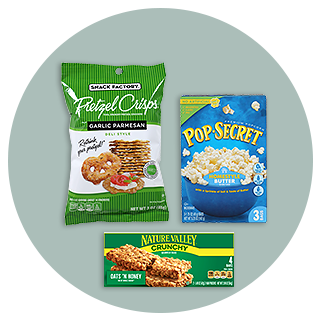 Pretzel bag, popcorn, and granola bars