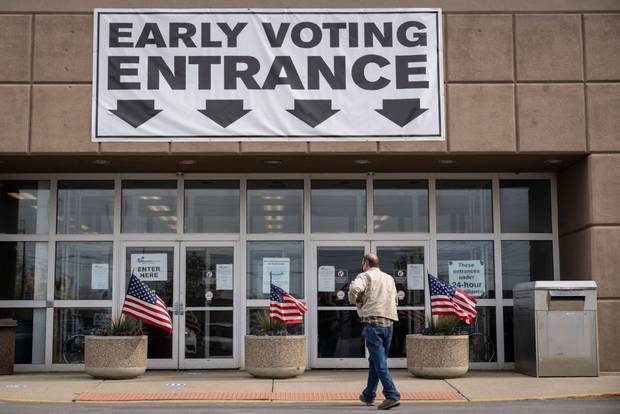 Voters arrives to cast their ballots early for the May 3 Primary Election at the Franklin County Board of Elections polling location on April 26, 2022 in Columbus, Ohio