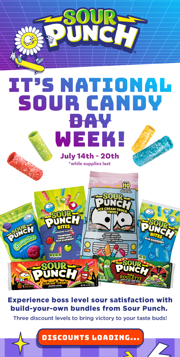 Experience boss level sour satisfaction with build-your-own bundles from Sour Punch. Three discount levels to bring victory to your taste buds this National Sour Candy Day (Week)! Discounts await >>>