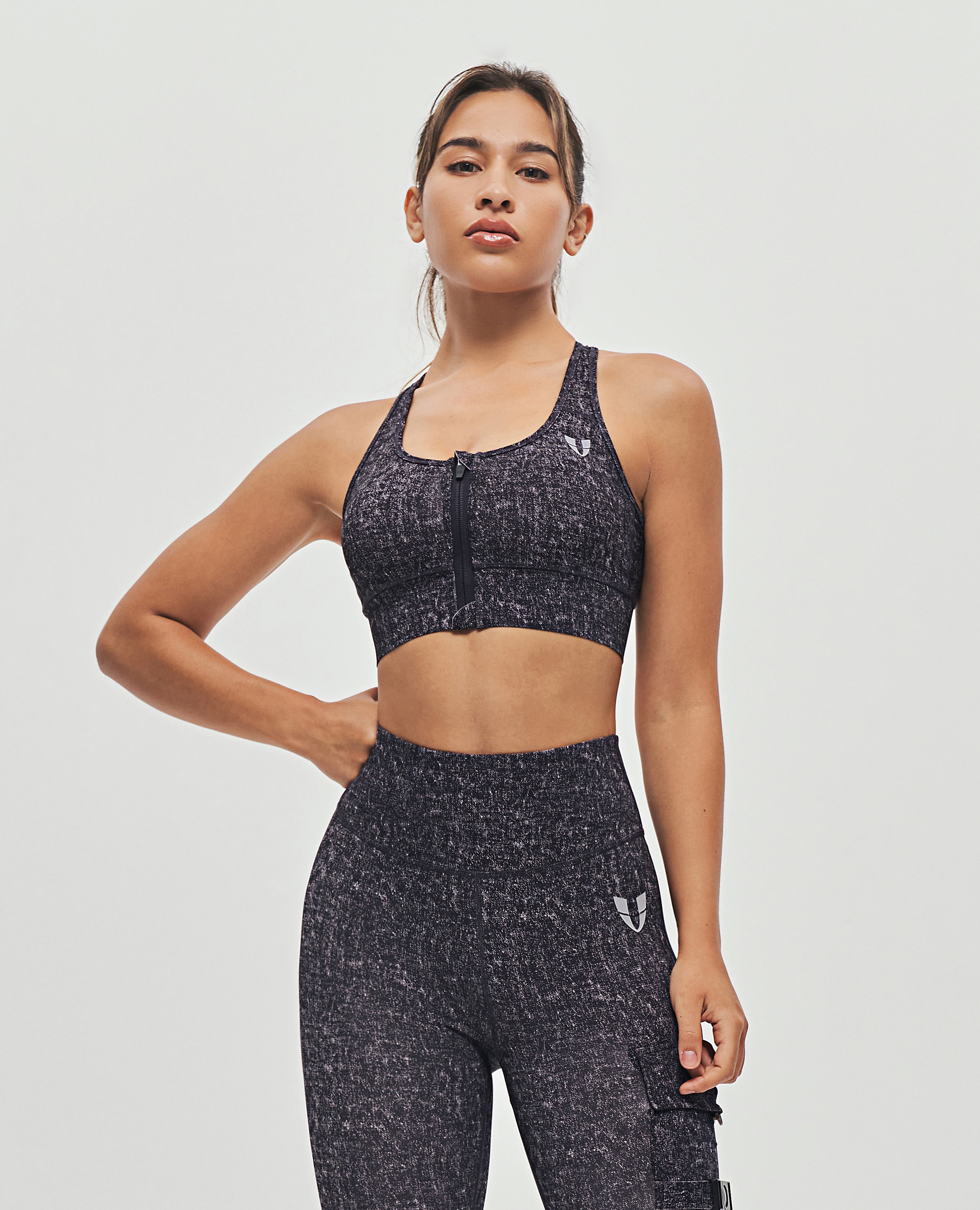 Image of Zip Front Sports Bra - Denim Black