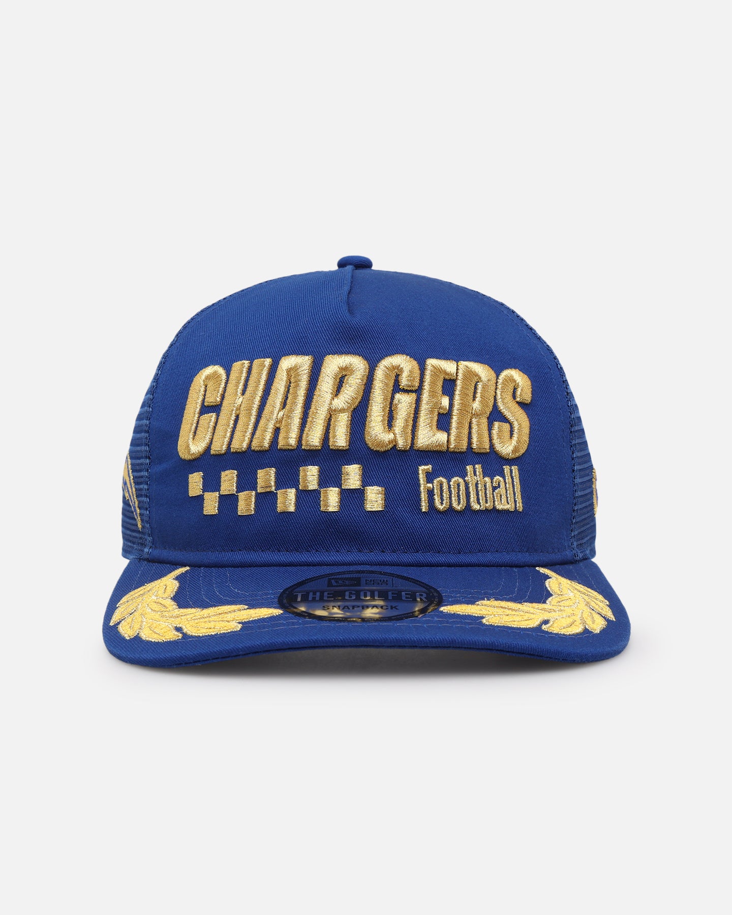 Image of New Era Los Angeles Chargers 'Podium Pack' Pre-Curved Golfer Trucker Snapback Light Royal/Metallic Gold