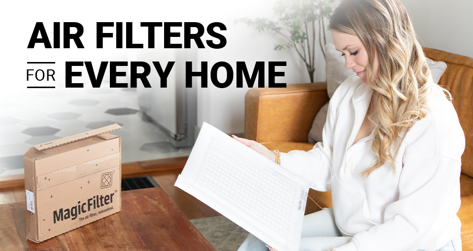 Title: â€œAir Filters For Every Homeâ€ floating in from of woman holding an air filter