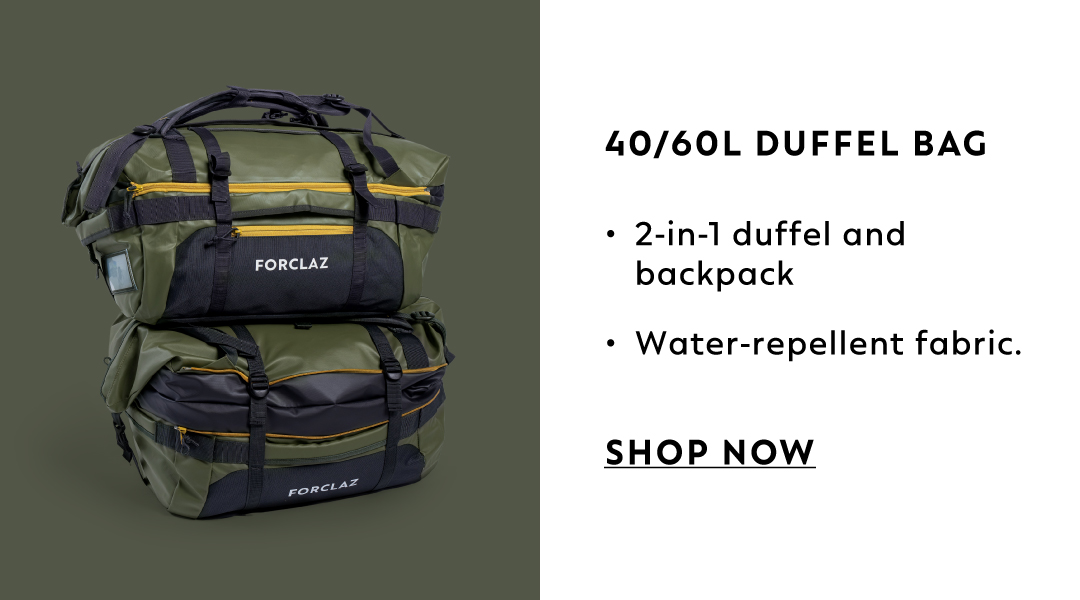 40/60L Duffel Bag: 2-in-1 duffel and backpack. Water-repellent fabric.