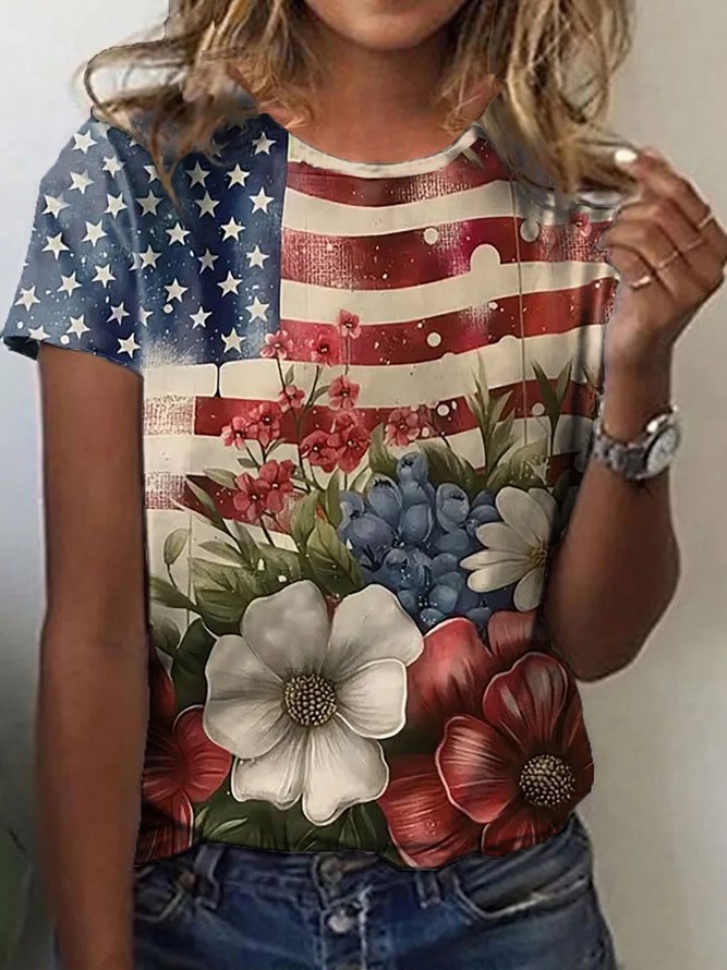 Casual Floral Crew Neck Short Sleeve T-shirt