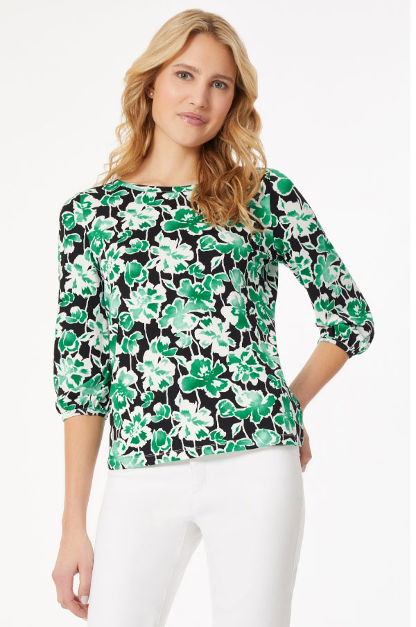 Puff Sleeve Printed Moss Crepe Top