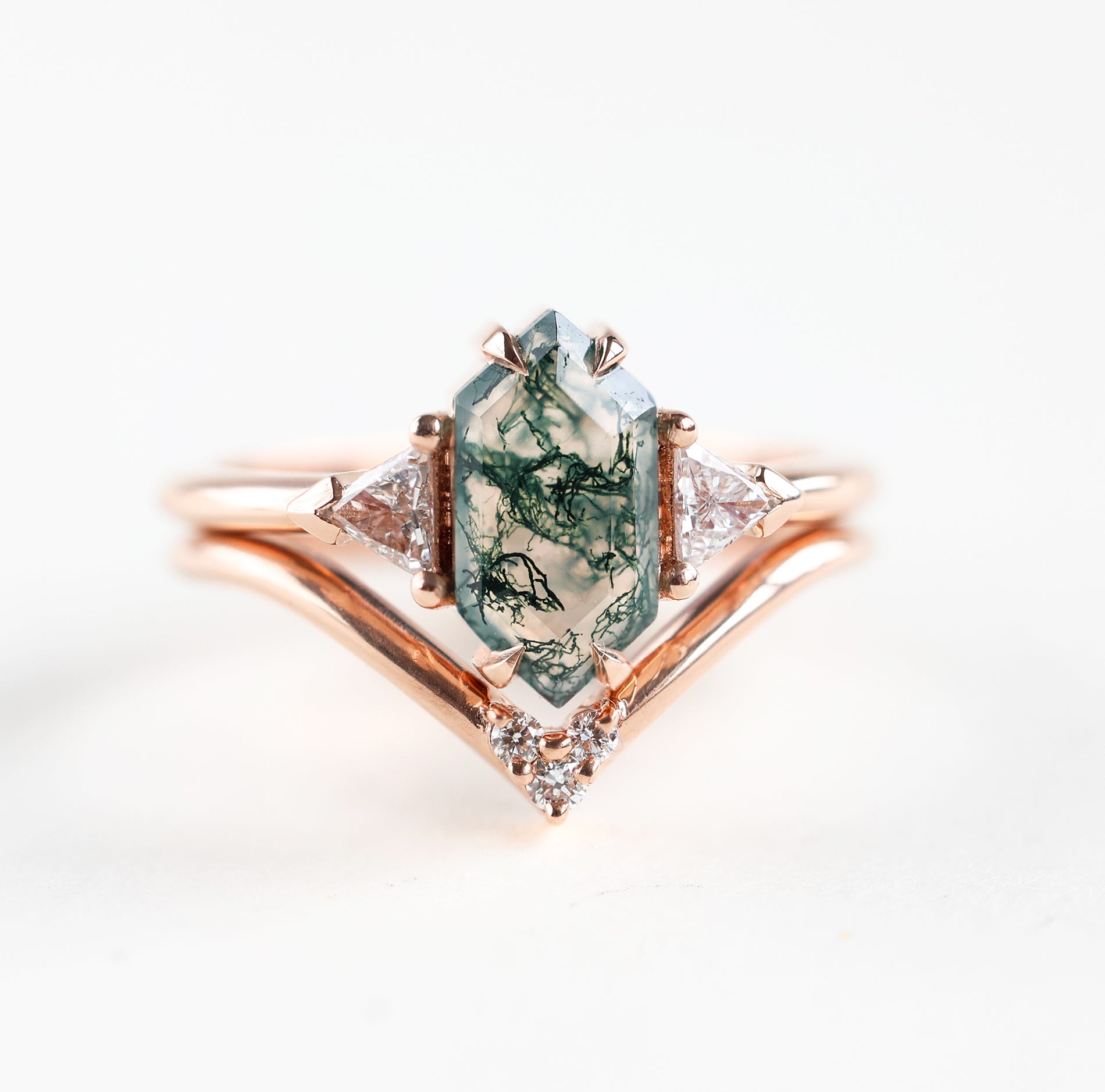 Image of Hexagon moss agate ring set with damonds