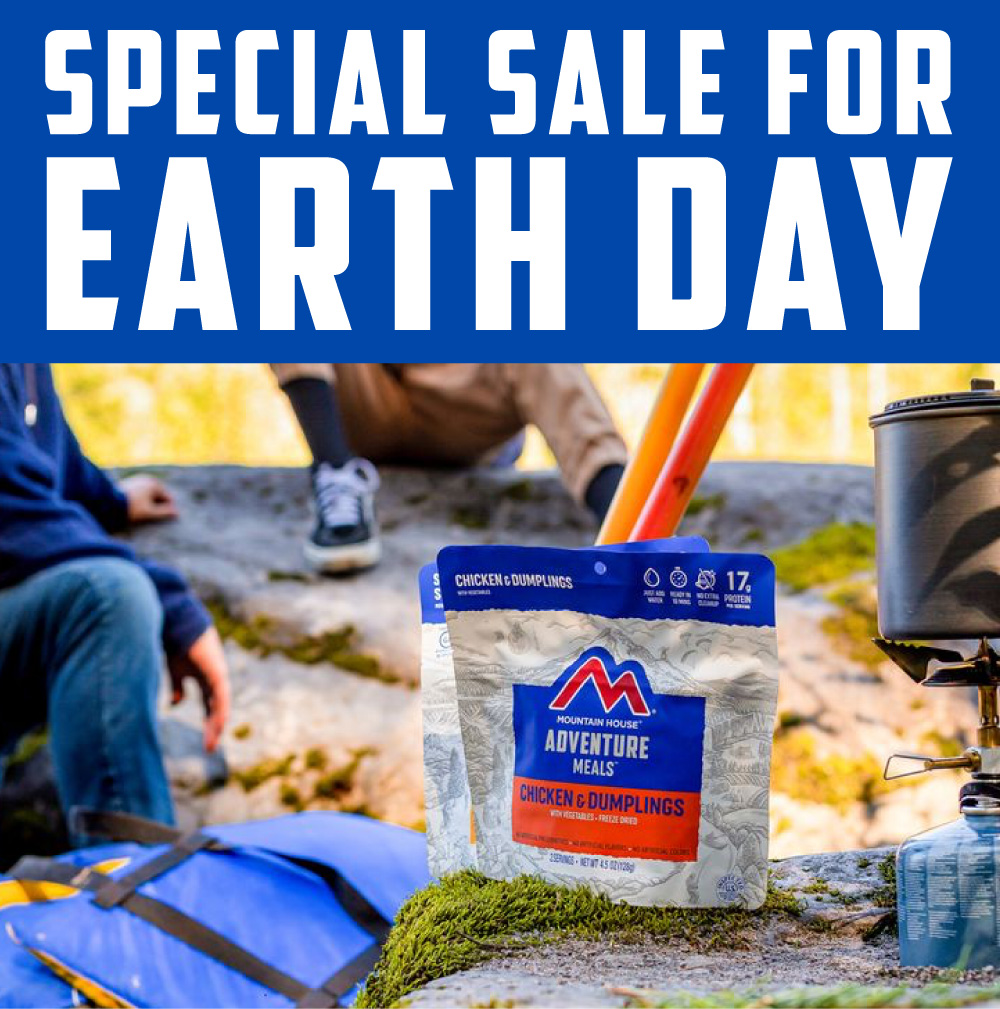 Special Sale For Earth Day Graphic a campsite with two Mountain House pouches