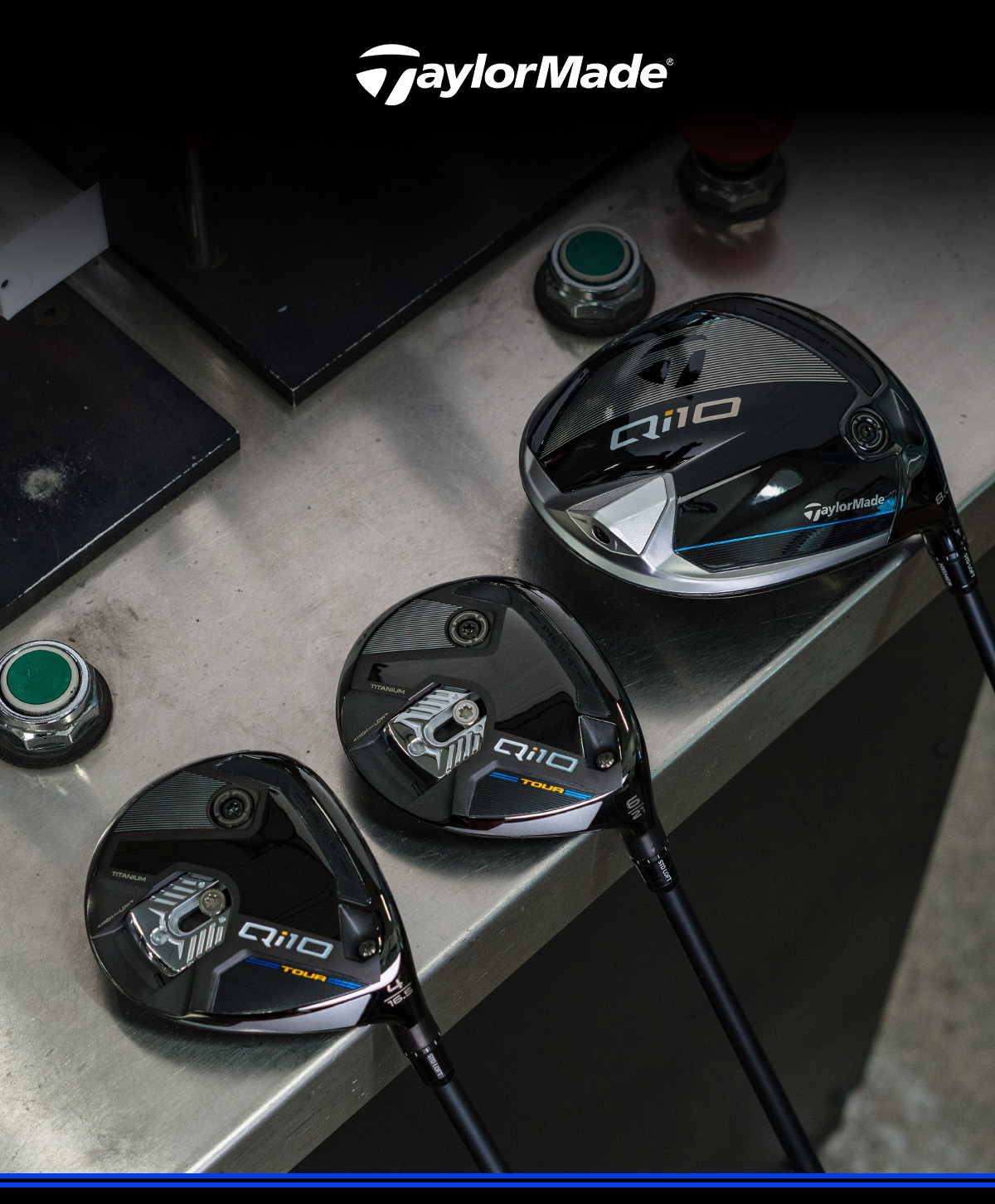 Qi10 Tour 4 Wood, Qi10 Tour 6 Wood and Qi10 8 Degree Driver lined up on the tour truck table