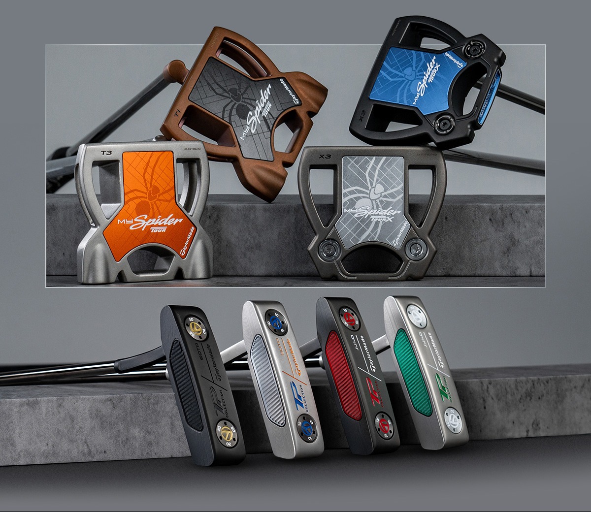 4 different colorways of Myspider putters stacked on top of each other in a studio setting, above 4 different colorways of MyTP putters in a similar silver studio setting