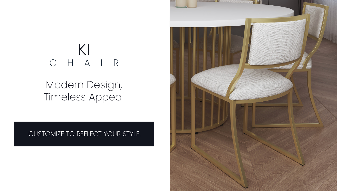 Ki chair. Modern design, timeless appeal. Ki chair is shown in Opaque Gold finish with French Mist Performance fabric.