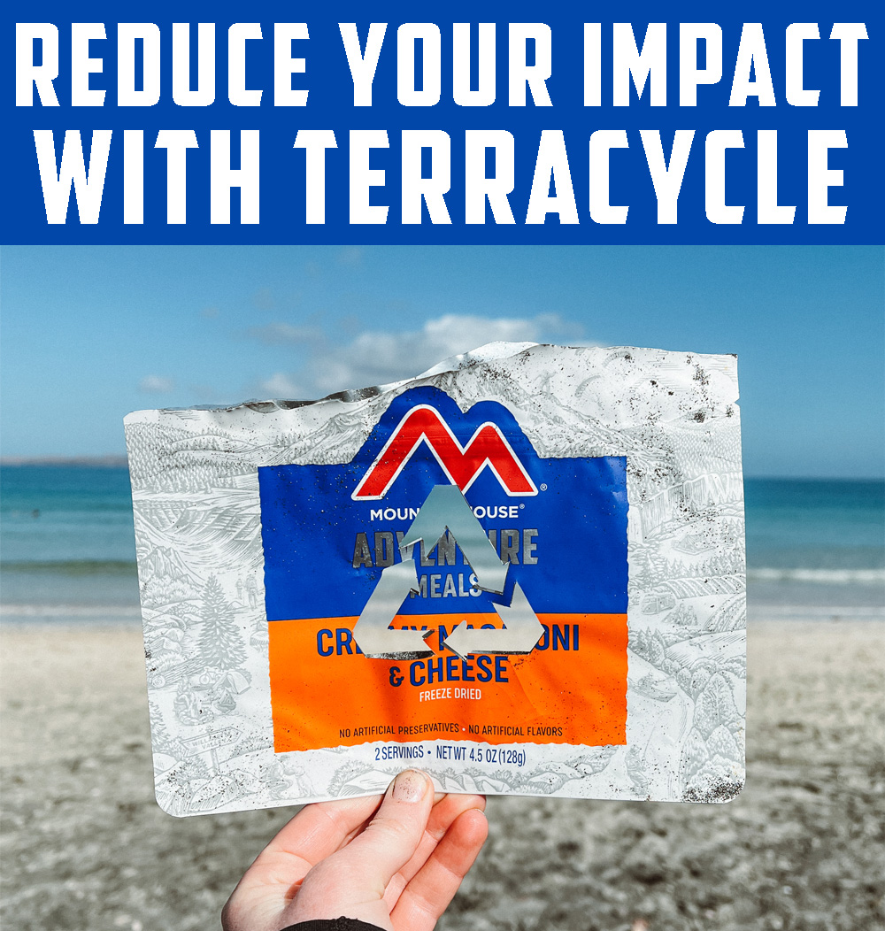 Reduce Your Impact With Terracycle Graphic hand holding a pouch with the recycling symbol cut out