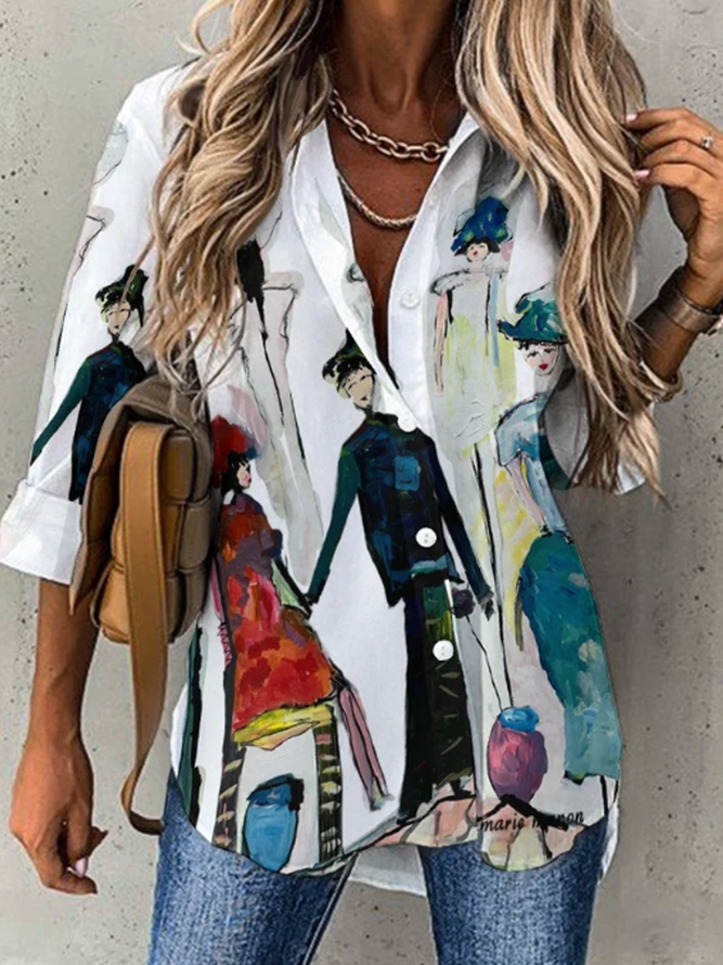 Shirt Collar Half Sleeve Cartoon Regular Loose Blouse For Women