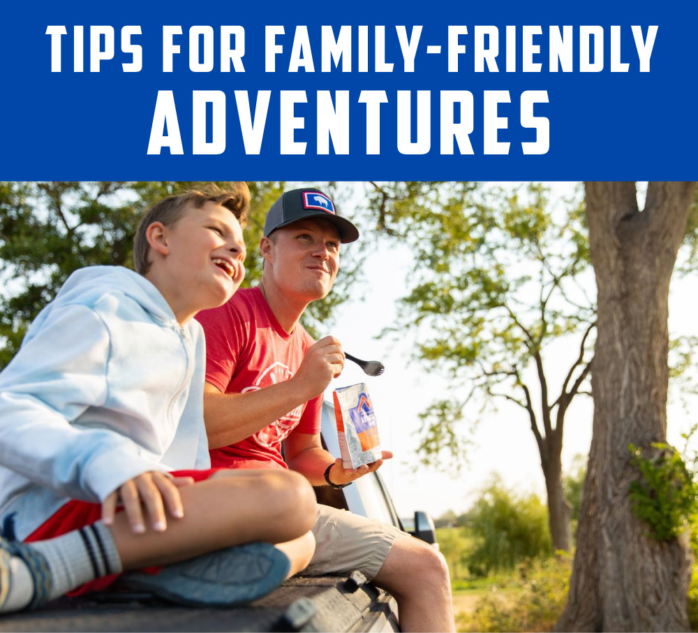 Tips For Family-Friendly Adventures Graphic a parent and child enjoying a Mountain House meal