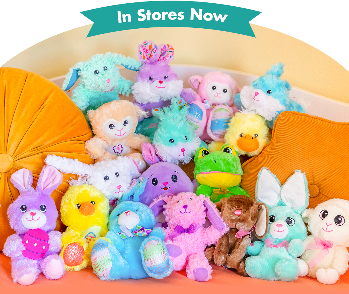 Variety of Easter plush on an orange couch